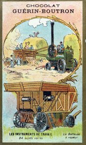 Verzamelkaart van Chocolat Guerin-Boutron met een stoomdorsmachine