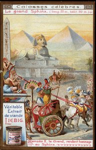 Colossus Beroemd: de Grote Sfinx (lang 55m, hoog 20m): Ramses II, de Grote, brengt eer aan de Sfinx - Liebig Chromolithografie