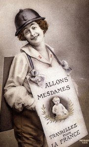 Kom dames, werk voor Frankrijk (aansporing tot geboorte), ansichtkaart, ca. 1918