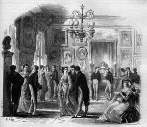 Comedie Francaise: weergave van de artiestenfoyer met komieken Francois-Joseph (Francois Joseph) Talma (1763-1826) en Anne Boutet, bekend als Mademoiselle Mars (1779 - 1847), Franse komiek. Gravure uit 1867-1868. door French School