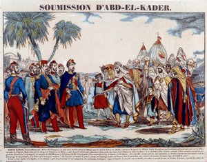 Verovering van Algerije (1830-1847): de overgave van Abd el Kader (Abd-el-Kader of ibn Muhyi al-Din al-Hasani) (1807-1883) aan de hertog van Aumale en het Franse leger op 24/01/1848. Gravure uit de late 19e eeuw Privécollectie