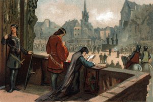 Constance naast haar man Robert II de Vrome, koning van Frankrijk (996-1031), kijkt naar de marteling van de ketters veroordeeld op de Place de Grève in Parijs (tegenwoordig Place de l