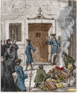 Veroordeling van de Societe des Jesuites na de beslissing van het Parlement van Parijs van 6 augustus 1762. De rechtbank beval dat meer dan 24 boeken en boeken gemaakt door de Jezuïeten door de beul verbrand moesten worden. Gravure uit de 19e eeuw. door French School