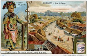 Korea: Straat in Seoul en vrouwenkostuum - chromo Liébig, ca. 1900 door French School