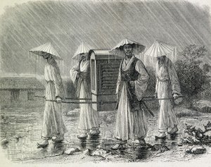 Koreanen gekleed in een draagstoel (regenpak van de Koreanen) die een stoel dragen. Illustratie uit 