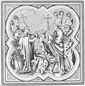 Kroning van Karel de Grote (742-814) naar een miniatuur in Chronicles of St. Denis