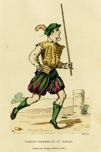 Kostuum van lakei loper in de 15e eeuw, belast met het vrijmaken van de weg en het aankondigen van de passage van een edelman of heer. Kleuren gravure, in 