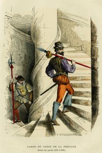 Kostuum van de lijfwacht van de prevote, gevolgd door een officier van de wacht (1574 tot 1589). Kleuren gravure, in 