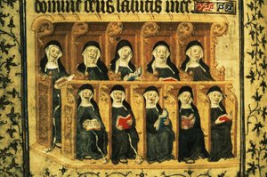 Cott Dom A XVII f.74v Nonnen in een koorbank, uit het Psalter van Hendrik VI, Parijs