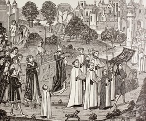 Graaf Renier draagt het lichaam van Sint Veronica naar de St. Waudru kerk in Mons, uit 