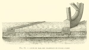 Spoorwegrails van de trams in gebruik in Parijs (gravure) door French School
