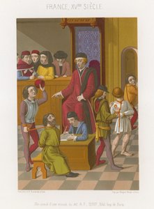 Rechtszaalscène met een man die wordt vastgehouden door een touw om zijn nek