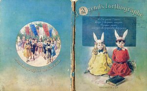 Omslagillustratie & achteromslag van een Frans schoolboek over schrijven, uitgegeven door Hachette in Parijs, 1905