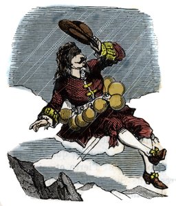 Cyrano de Bergerac stijgt op naar de hemel dankzij flesjes dauw en reist naar de maan, illustratie van de roman door Hercules Savinien Cyrano de Bergerac (1619-1655): 