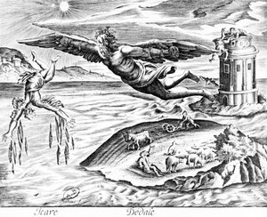 Daedalus ontsnapt uit Kreta met zijn zoon, Icarus, ziet hem vallen naar zijn dood, 1619 door French School