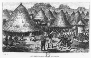 David Livingstone verwelkomd in een dorp in de Grote Meren regio van Centraal-Afrika door French School