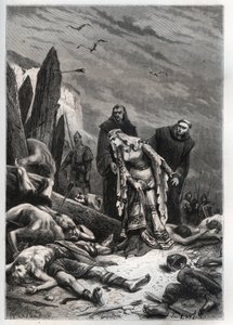 Dood van koning Harold II bij de Slag bij Hastings in 1066 - Edith Swannesha, bekend als Edith la Juste, ontdekt het lichaam van haar man - Ealdgyth, ontdekt het lichaam van Harold Godwi door French School