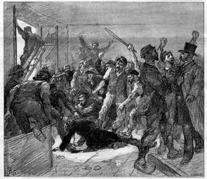 Staking van mijnwerkers in Decazeville (Aveyron) in 1886: ingenieur Watrin werd vermoord door de stakers. Gravure in "Le Monde Illustré", 6 februari 1886