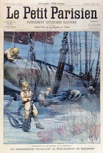Diepzeeduikers proberen de Farfadet te bergen, uit Le Petit Parisien, 23 juli 1905