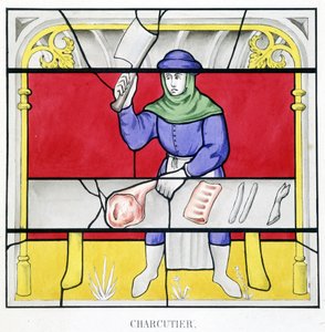 Delicatessen. Facsimile van een glas-in-lood uit de Middeleeuwen in "Histoire de la peinture sur verre" door Ferdinand de Lasteyrie