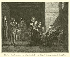 Vertrek van de koningin naar de Conciergerie, op 2 augustus 1793; naar een gravure van Bouillon, 1795 door French School