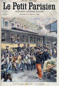 Vertrokken op het station voor een schoolreisje. De kinderen stappen in de trein, in Le petit Parisien