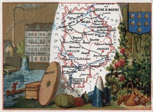 Departement van Seine en Marne (Seine-Et-Marne, 77), Île de France (Île-De-France), Frankrijk. Lokale specialiteit: chocoladefabriek Menier chocolaterie in Noisiel sur Marne (Noisiel-sur-Marne), glaswerk, molensteen. Serie over de Franse departementen. C