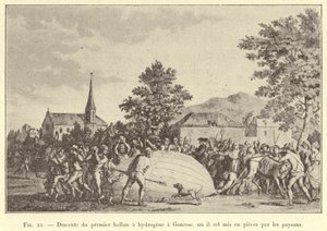 Landing van de eerste waterstofballon in Gonesse, waar hij door de boeren in stukken wordt gescheurd door French School
