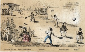 Beschrijving van kinderplezier en spel: bal- en balsporten (bal tegen de muur, palspel) en tuinieren. Plaat 