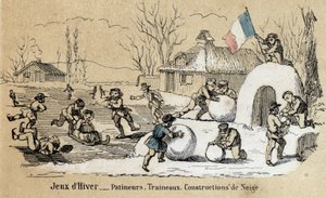 Beschrijving van kinderplezier en spel: winterspelen, schaatsen, sleeën en sneeuwconstructies. Plaat 