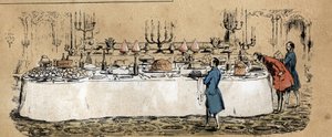 Beschrijving van de verschillende producten en toepassingen van de koe: producten van de koe (kaas, rundvlees) op de tafel van een mondain buffet tijdens een bal. Plaat 