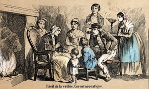 Beschrijving van de vijf zintuigen: detail van het gehoor, de verhalen tijdens de nacht in de huisjes, een oude man gebruikt een akoestische kegel. Plaat "Les cinq sens" in "les Recreations instructives" Synoptisch schilderij door Jules Delbruck, gravure u door French School