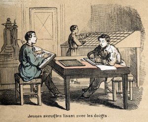 Beschrijving van de vijf zintuigen: detail van aanraking, jonge blinde jongens gebruiken aanraking om teksten te ontcijferen via het Braille-alfabet, een tactiel schrijfsysteem. Plaat "Les cinq sens" in "les Recreations instructives" Synoptisch schilderij  door French School