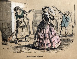 Beschrijving van de vijf zintuigen: geur, een burgerlijke vrouw die haar neusgaten dichtknijpt om de slechte geuren van mest en mest niet te ruiken. Plaat "Les cinq sens" in "les Recreations instructives" Synoptisch schilderij door Jules Delbruck, gravure  door French School