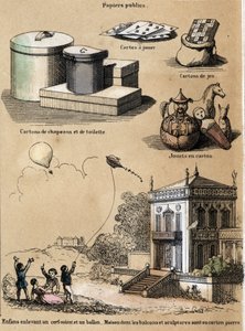 Beschrijving van de verschillende producten en toepassingen van papier: karton en hoedendozen, speelkaarten, spellen zoals vliegers of ballonnen. Plaat 