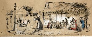 Beschrijving van de verschillende producten en toepassingen van de koe: scène uit het dagelijks leven in een dorp. Plaat "La coache et ses produits" in "les Recreations instructives" Synoptisch schilderij door Jules Delbruck, gravure uit 1860. Privécollect door French School