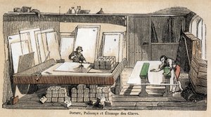 Beschrijving van de verschillende stadia van vervaardiging en gebruik van glas: een werkplaats voor vergulden, polijsten en stempelen van glas. Plaat "Glas en zijn producten" in "Les Recreations instructives" Synoptisch schilderij door Jules Delbruck, grav door French School
