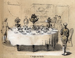Beschrijving van de verschillende stadia van productie en toepassingen van klei: het gebruik van klei in rijke interieurs, een tafel met porseleinen servies. Plaat 