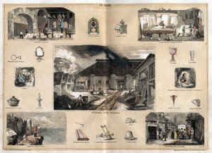 Beschrijving van de verschillende stadia van vervaardiging en toepassingen van glas: interieur van een glasfabriek, vervaardiging van flessen in een glasblazerij, vergulden, polijsten en stempelen van ijs, en verschillende objecten (microscoop, spiegel, br door French School