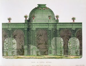 Ontwerp voor een galerij met boogvormig traliewerk en een centrale koepel, gepubliceerd voor het Bureau de Moniteur des Menusiers, Parijs door French School