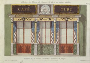 Ontwerp voor de gevel van het Cafe Turc, uit een serie die de best versierde commerciële gebouwen in Parijs afbeeldt, c.1810