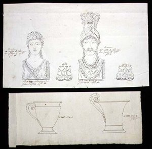 Ontwerpen voor verguld bronzen meubelbeslag en Franse Empire porseleinen kopjes, c.1820 door French School