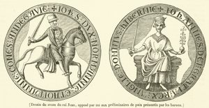 Tekening van het zegel van Koning Jan, door hem aangebracht op de preliminaries van vrede gepresenteerd door de baronnen (gravure)