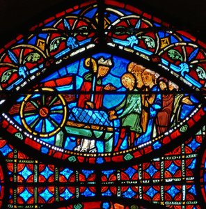 Detail (bisschop en kist) uit een raam van scènes uit het leven van St. Stephen door French School
