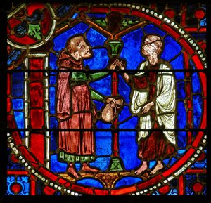 Detail (een raam) met scènes uit het wonder van Theophilus door French School