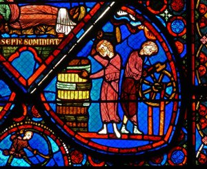 Detail uit een raam met scènes uit het verhaal van Jozef