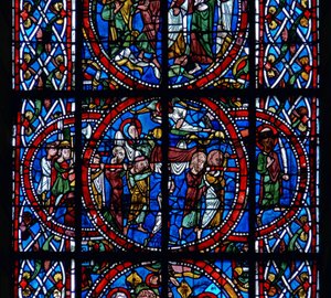 Detail (begrafenis) uit een raam van de Dood en Tenhemelopneming van de Maagd Maria door French School