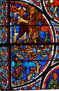 Detail (God verdrijft Adam en Eva uit de Hof van Eden) uit een raam van de gelijkenis van de Barmhartige Samaritaan