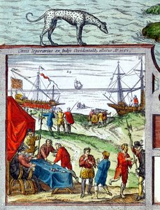 Detail van een uitzicht op de haven van Cadiz met handel met West-Indië door French School