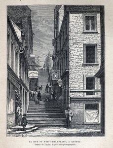 Ontdek Canada: Rue du Peute Champlain in Quebec. Tekening door Taylor van een foto. Gravure uit het einde van de 19e eeuw in 